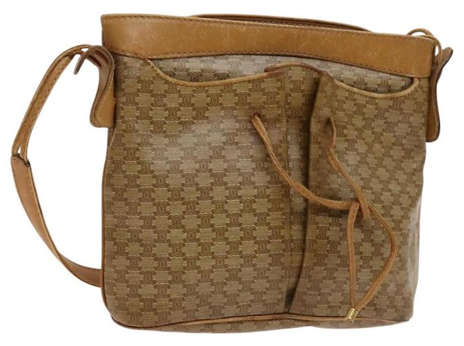 Céline Bolsa de ombro em lona Macadam CELINE bege ouro Auth bs25460 Dourado
