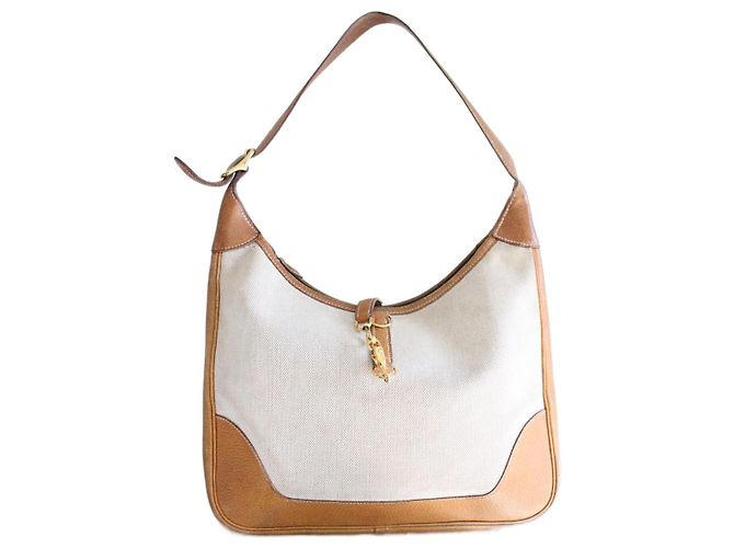 Bolsa de mão Hermès Trim em lona bege e couro camelo