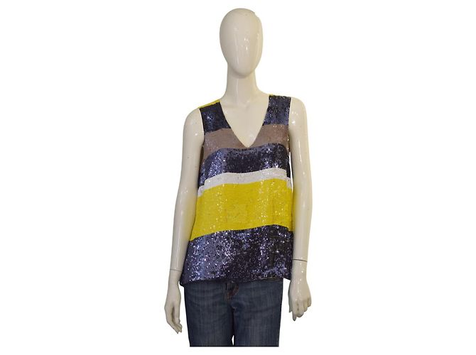 Parosh Top in seta con paillettes blu e giallo senza maniche M Multicolore