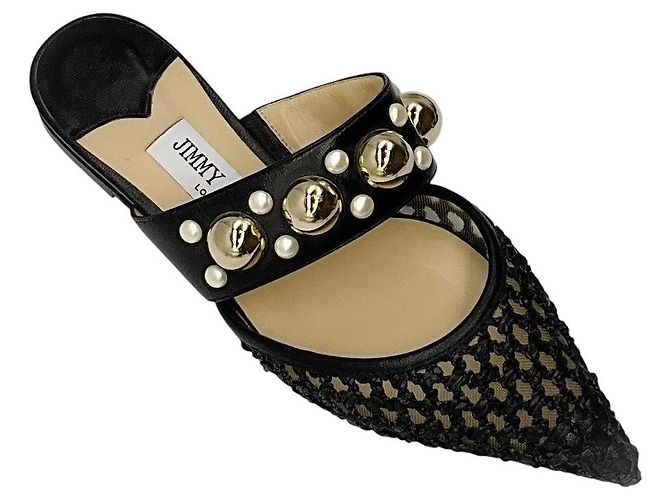 Jimmy Choo Black Basette Pearl Embellished Raffia and Nappa Leather Flat Mules