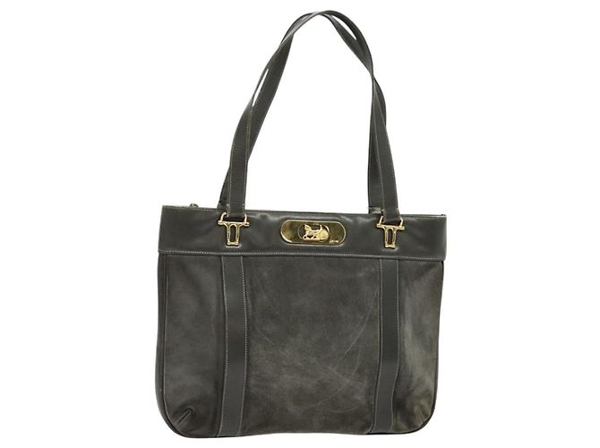 Céline Bolso de mano CELINE de cuero de gamuza gris y dorado Auth BA2092 Castaño