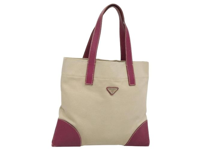 PRADA Sac à main Toile Cuir Beige Violet Argent Auth am8322 Argenté
