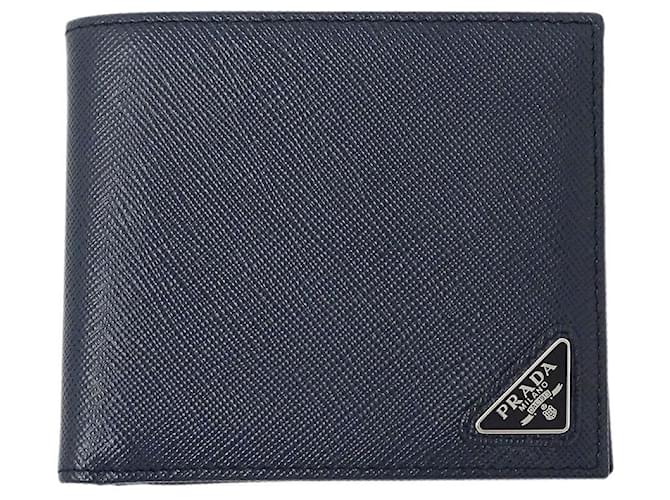 Prada Saffiano Men's Compact Wallet Navy Blue Leather Pony-style calfskin  ref.2230367