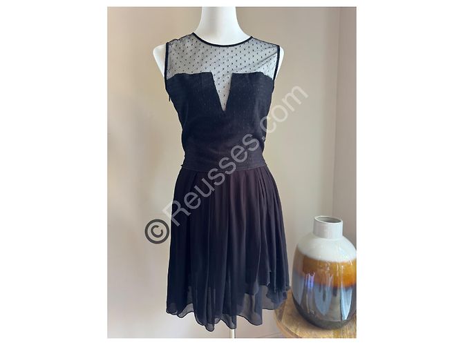 Schwarzes Kleid MAJE – Größe 2 - Transparente Plumetis & fließender Rock