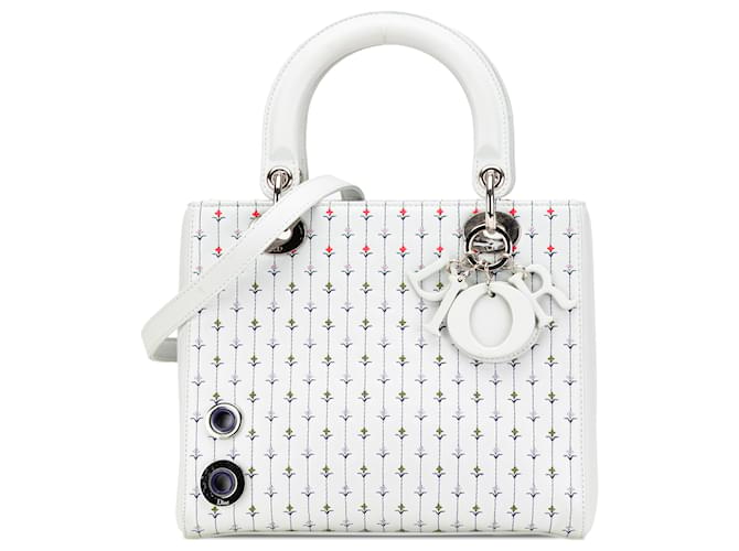 Dior White Medium Calfskin Embroidered Flower Lady Dior Leather Pony-style calfskin  ref.2230585