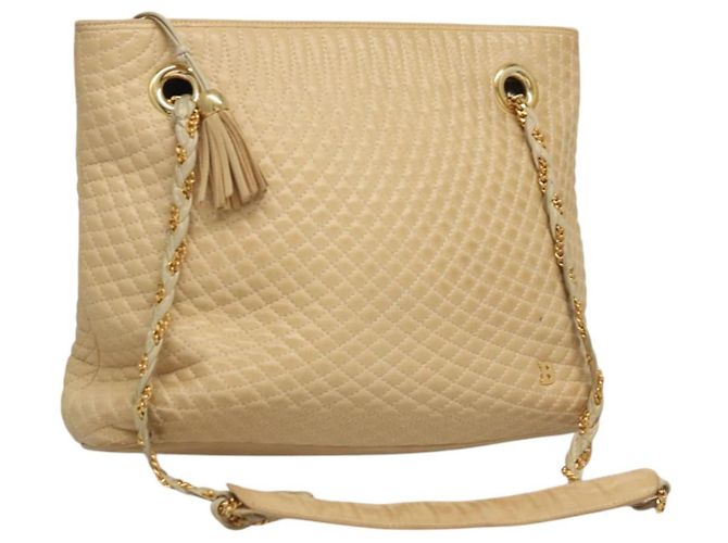 BALLY Bolsa de Ombro de Couro Matelassada com Corrente Bege Dourada Auth BA1743 Dourado