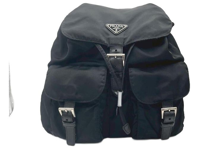 PRADA Black Nylon Backpack w/ Triangle Logo & Dual Front Pockets – VINTAGE BEAUTY