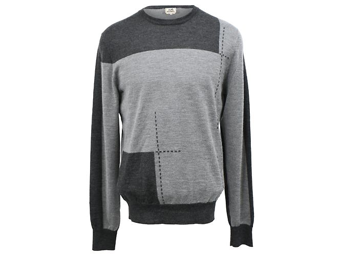 Maglione in lana grigia a blocchi di colore Hermès Grigio