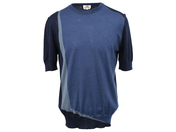 Hermès gestricktes T-Shirt mit kurzen Ärmeln aus blauer Baumwolle Marineblau