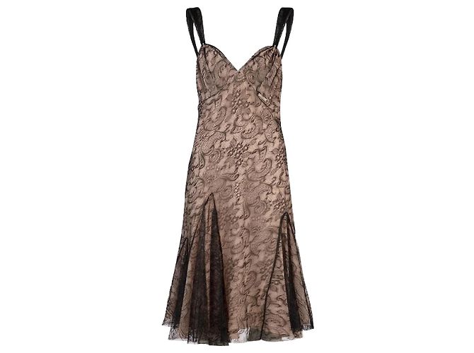 Vestido midi de seda e renda preta John Galliano