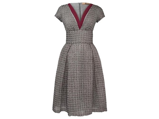 John Galliano Midi Kleid aus grauem Tweed Bordeaux