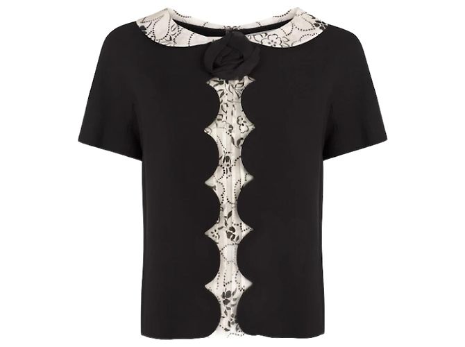 Christian Dior Top in seta floreale Resort 2011 Nero Bianco