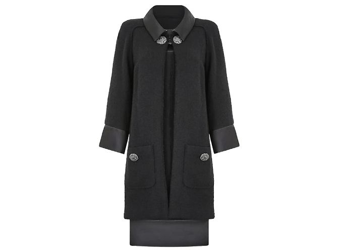 Chanel Black Tweed Coat with Leather Trim Grey