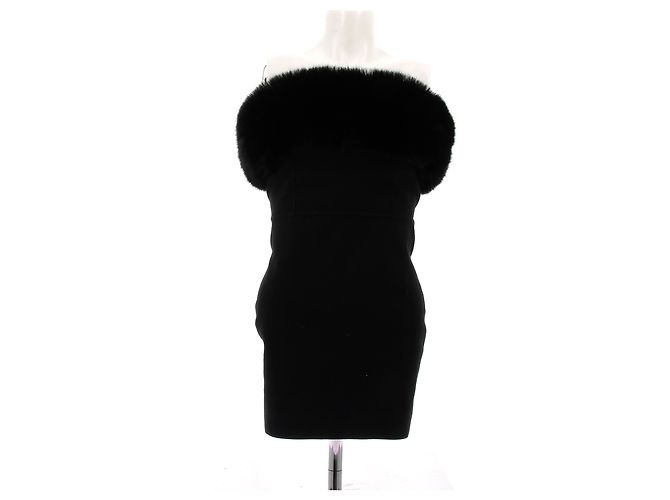 Saint Laurent Vestido de lã e pele Preto