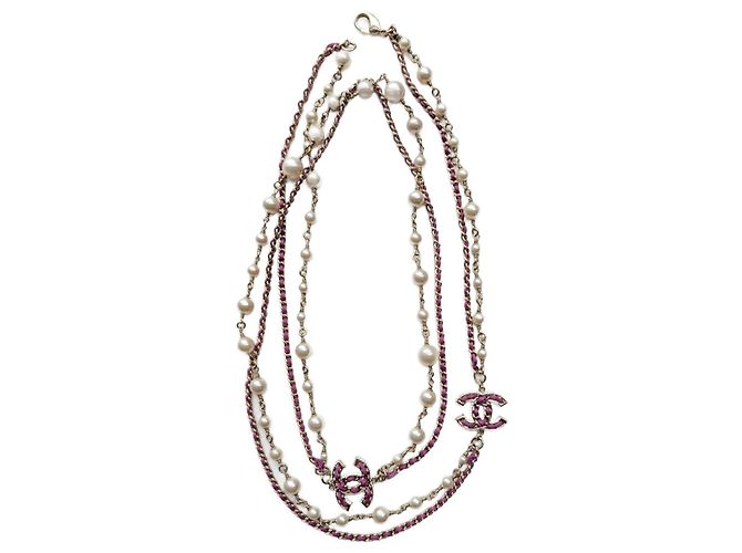 Chanel Colar CC B21P Logo em Couro Rosa com Pérolas e Cristais GHW