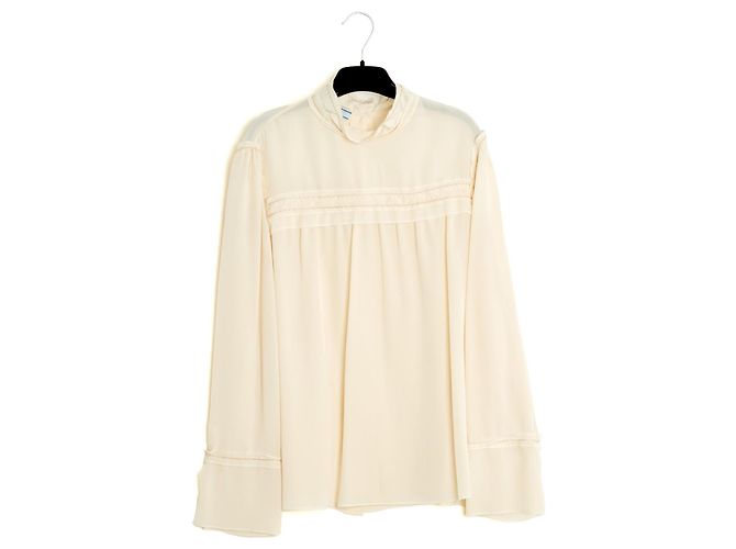Prada 2014 Top seda ecru FR40 Blusa de seda ecru e bege com costuras UK12 US10