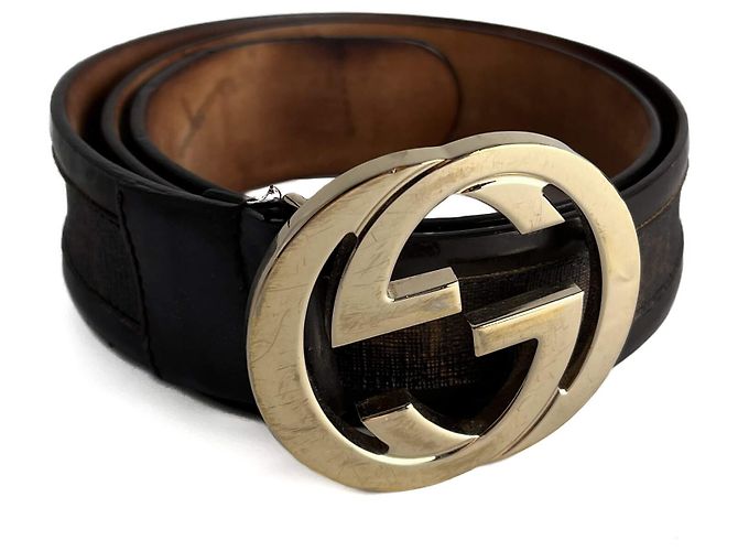 Gucci Cinto largo de couro GG entrelaçado 85/34 marrom