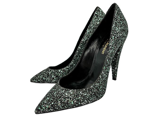 Saint Laurent Leather & Glitter Pump 39 Black