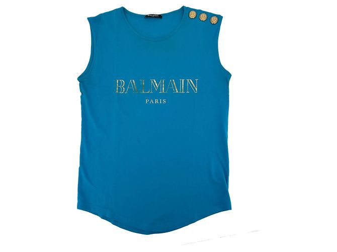 Balmain Camiseta regata azul de algodão com botões de leão dourado