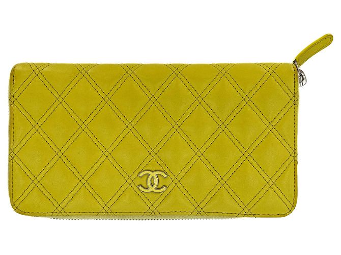 Timeless Chanel Long Zip Around Wallet Quilted Lambskin Leather Yellow