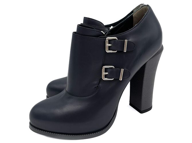 Fendi High Heel Ankle Boots Leather 40 1/2 Navy Navy blue