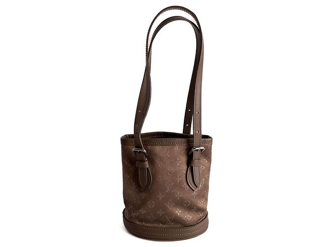 Louis Vuitton Bolsa bucket mini em cetim e couro taupe