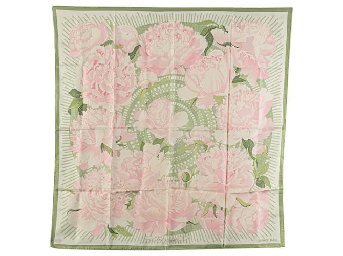Hermès Green Les Pivoines Silk Scarf Cloth  ref.2235915