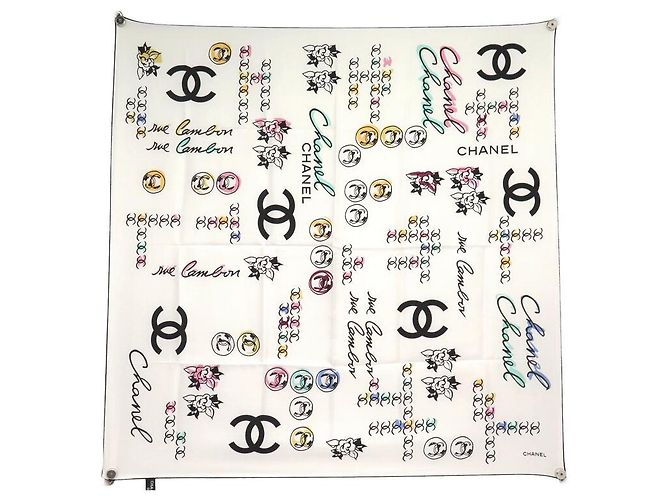 SEIDEN TWILL SCHAL CHANEL CAMELIA LOGO CC CAMBON 90 Weiß