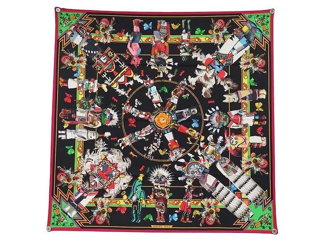 Hermès SCARF HERMES KACHINAS KERMIT OLIVER 90 NERO SETA + SCATOLA Multicolore