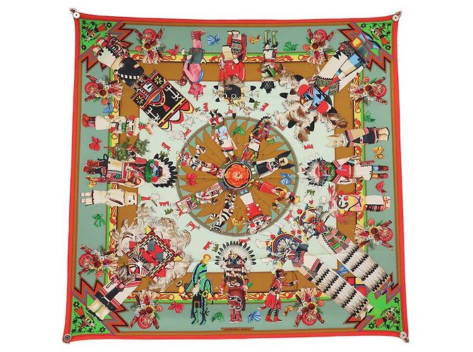 Hermès FULAR HERMES KACHINAS KERMIT OLIVER 90 SETA MULTICOLOR Multicolore