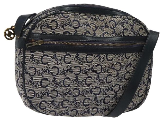 Céline Borsa a spalla CELINE C Sulky in tela blu navy e oro Auth BA1890