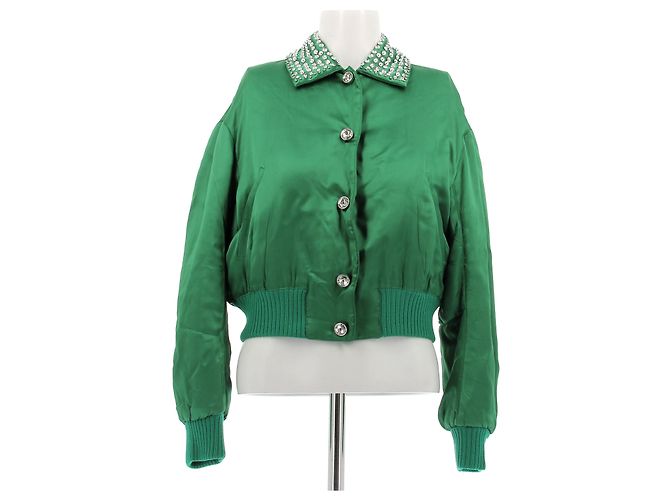 Miu Miu Satin Bomberjacke Grün mit Strasskragen