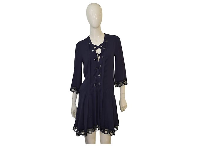 Vestido mini de algodão azul Dondup com laço cruzado e barra de renda