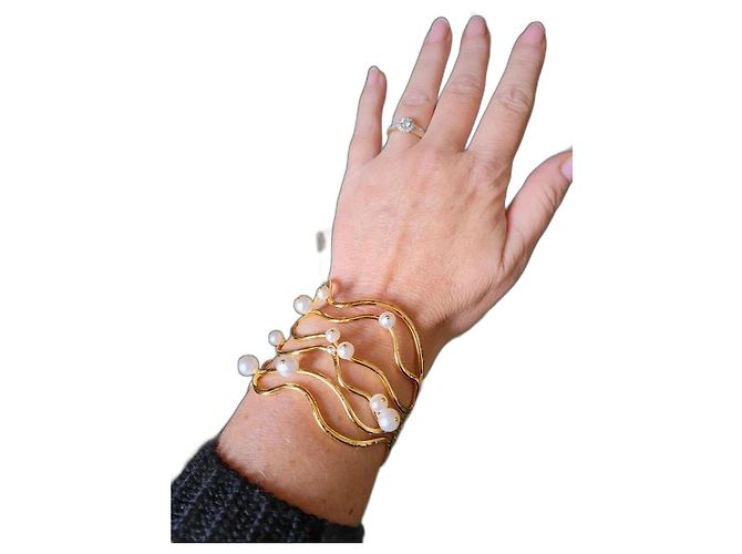 Aurelie Bidermann Pulseira de fio com pérolas e latão dourado Gold hardware