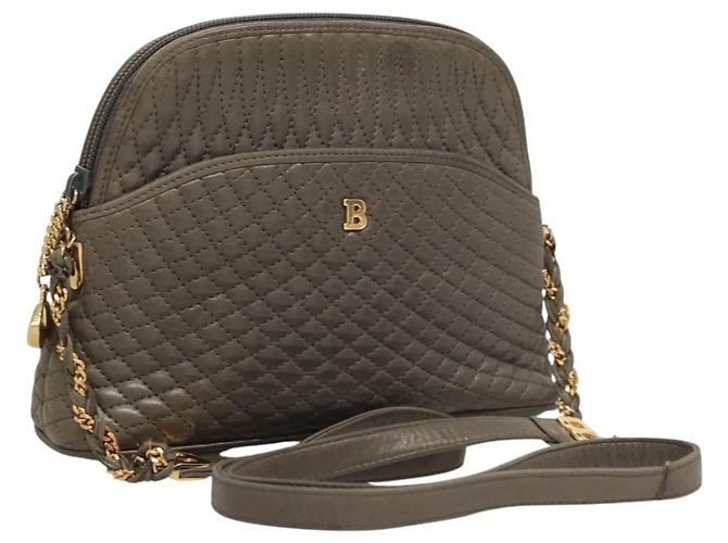 BALLY Bolsa de Ombro de Couro Matelassada com Corrente Cinza Dourado Auth BA1833 Marrom