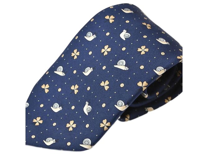 Hermès Silk Tie Blue Snail and Clover Motif