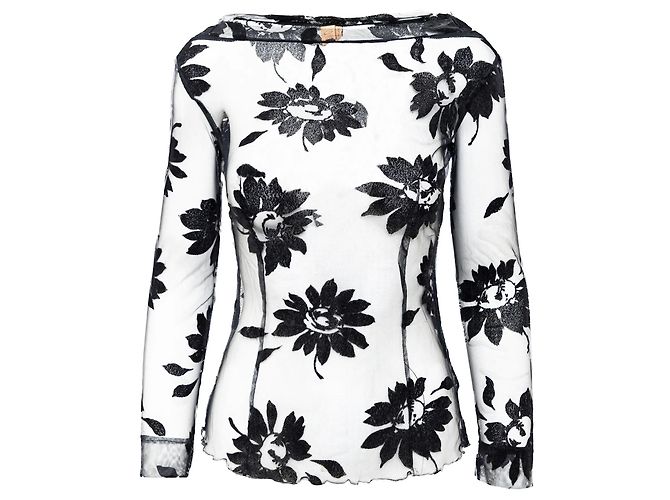 Romeo Gigli Schwarzes Transparentes Mesh Top mit Blumenmuster
