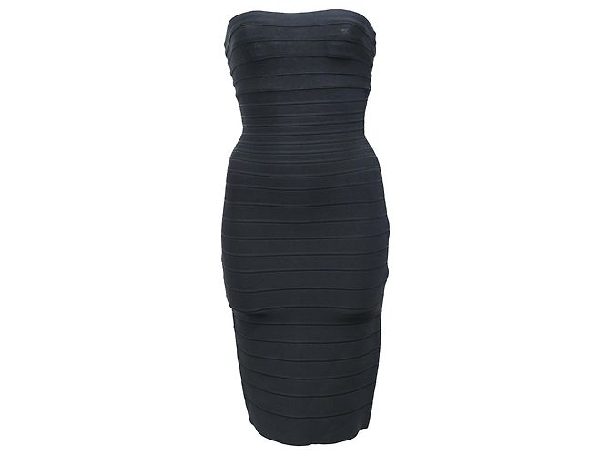 Herve Leger Strapless Banded Pencil Mini Dress in Black Rayon