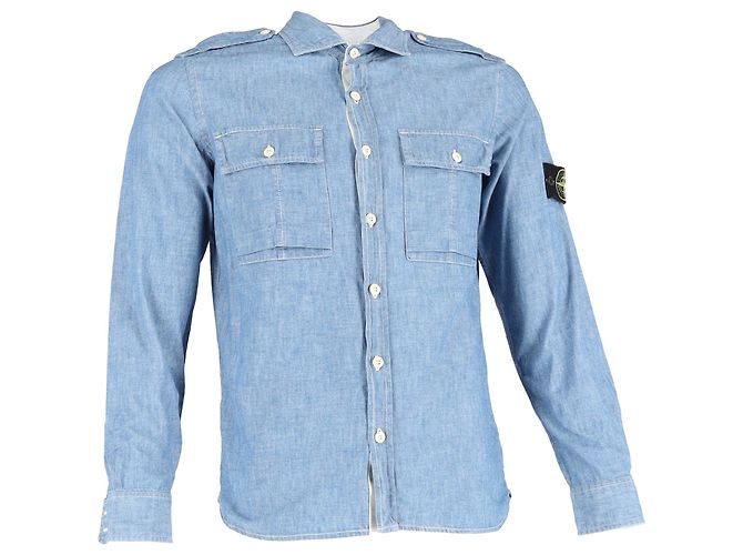 Camicia button-down Stone Island in denim di cotone blu