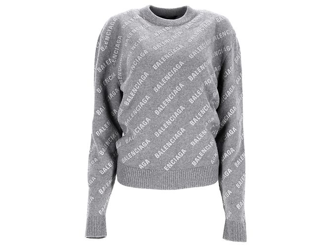 Grau Wollpullover mit Balenciaga-Logo über die gesamte Fläche