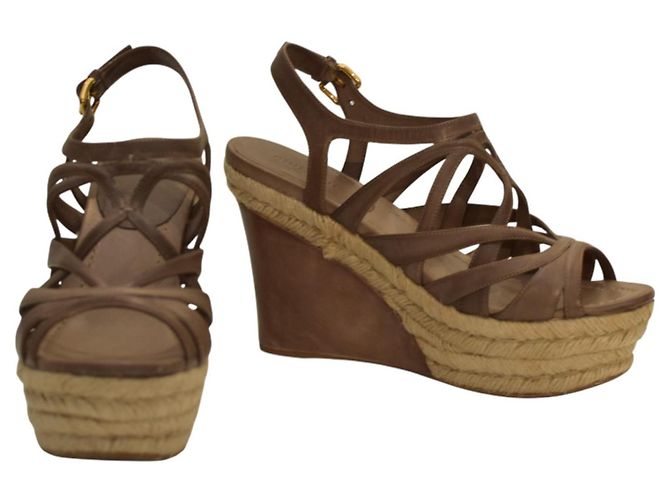 Sandales à plateforme en jute et cuir marron Miu Miu, talon compensé, taille 39