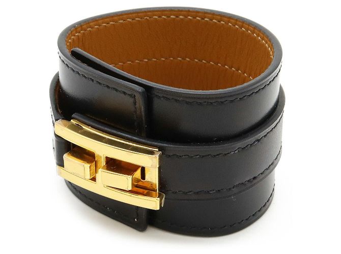 Hermès Hermes Leder Drag-Armband Schwarz Gold