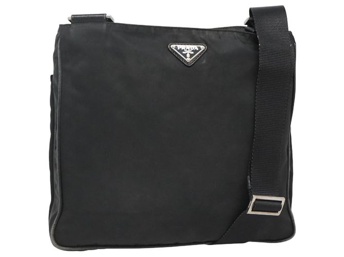PRADA Schultertasche Nylon Schwarz Silber Authentisch 124085