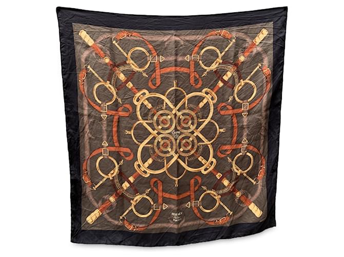 Hermès Hermes Vintage Silk Scarf Eperon D'Or 1974 Henry D'Origny Black Brown  ref.2243247