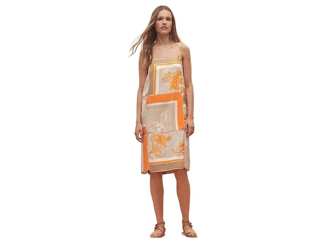 Hermès Beige/Palomi Seidenkleid mit Trägern Orange