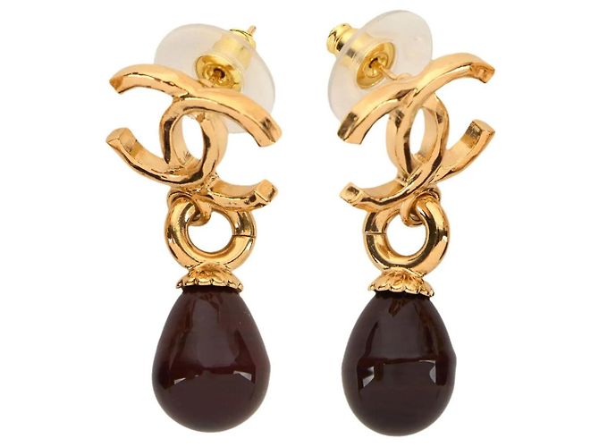 Boucles d'oreilles Chanel CC Perles Marrons/Brunes Métal Doré