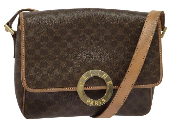Céline Bolsa de ombro em lona Macadam CELINE, couro PVC, marrom, dourado, autêntica, MX424