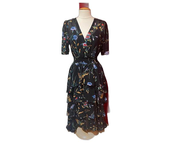 Maje Asymmetrisches Rüschen Maxikleid Blumenmuster Schwarz Mehrfarben