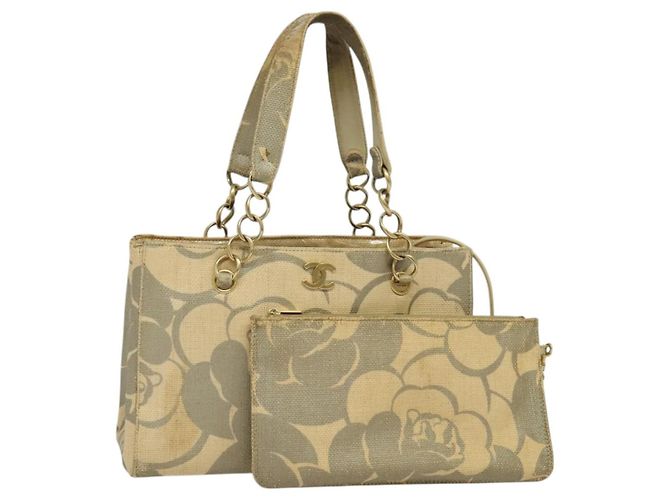 CHANEL Bolsa Tote Camelia Cadena Paja Beige CC Auth 122907