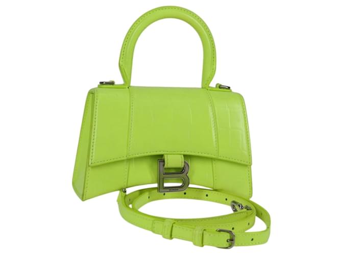 BALENCIAGA Hourglass XS Hand Bag Leather 2way LIme Green 592833 Auth gh137AM Silvery  ref.2247302